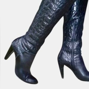 Black Croc-Embossed Knee Boots - Women's High Heel